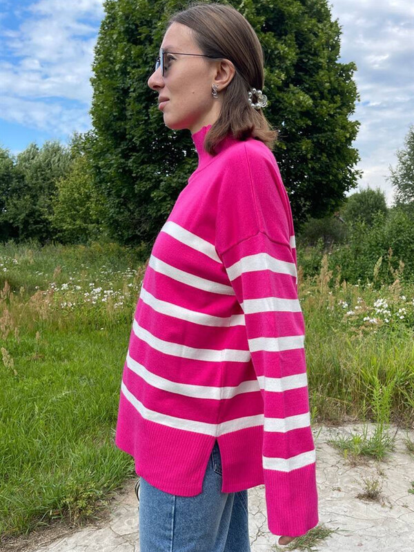 Πλεκτό πουλόβερ με ριγέ ζιβάγκο Πλεκτό πουλόβερ γυναικεία πλεκτά μακρυμάνικα βασικά μπλουζάκια Φθινόπωρο 2024 Χειμώνας πλεκτά πουλόβερ