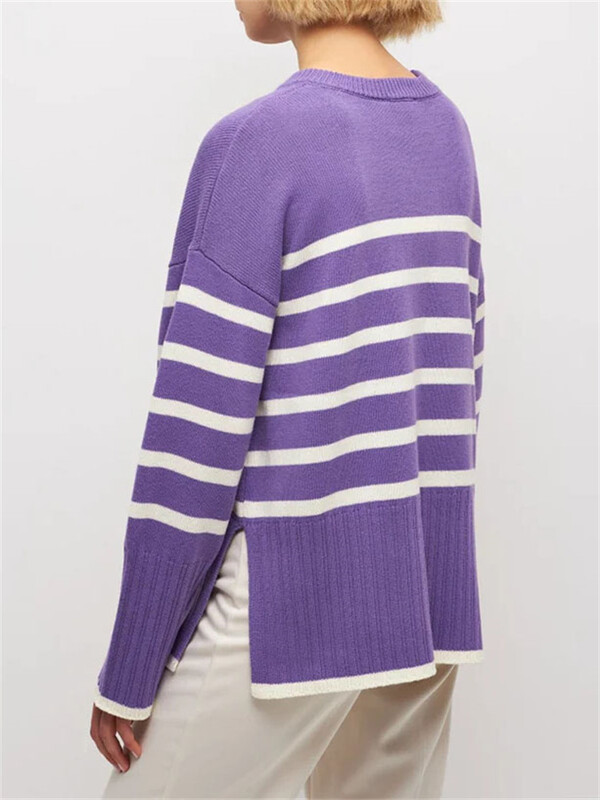 Violets svītrains trikotāžas džemperis sieviešu džemperi ar garām piedurknēm adāmie topi Jauni rudens ziemas džemperi Sieviešu brīvi džemperi