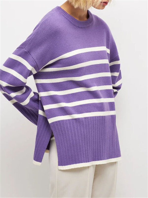 Violets svītrains trikotāžas džemperis sieviešu džemperi ar garām piedurknēm adāmie topi Jauni rudens ziemas džemperi Sieviešu brīvi džemperi