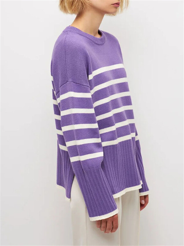 Violets svītrains trikotāžas džemperis sieviešu džemperi ar garām piedurknēm adāmie topi Jauni rudens ziemas džemperi Sieviešu brīvi džemperi