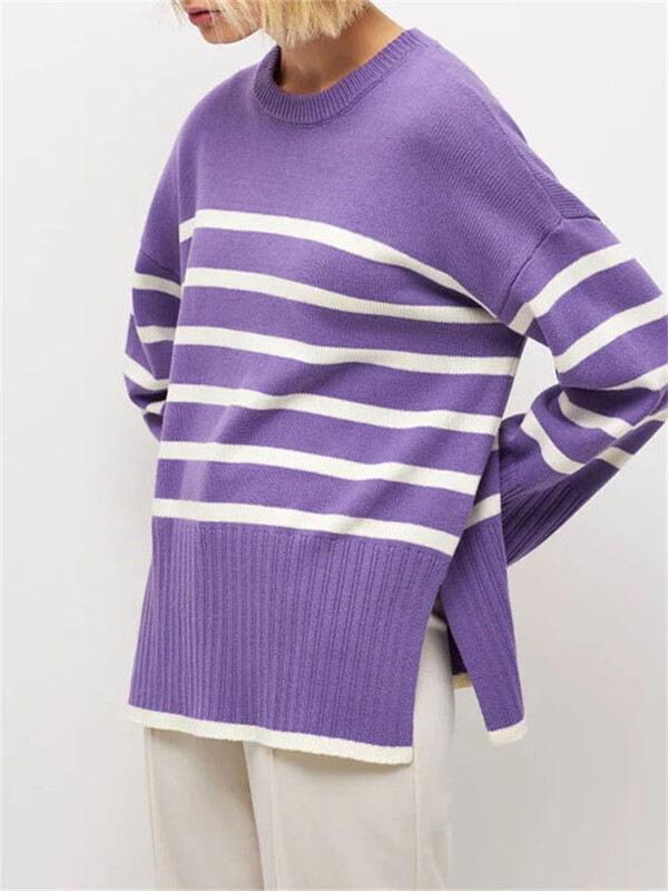 Violets svītrains trikotāžas džemperis sieviešu džemperi ar garām piedurknēm adāmie topi Jauni rudens ziemas džemperi Sieviešu brīvi džemperi