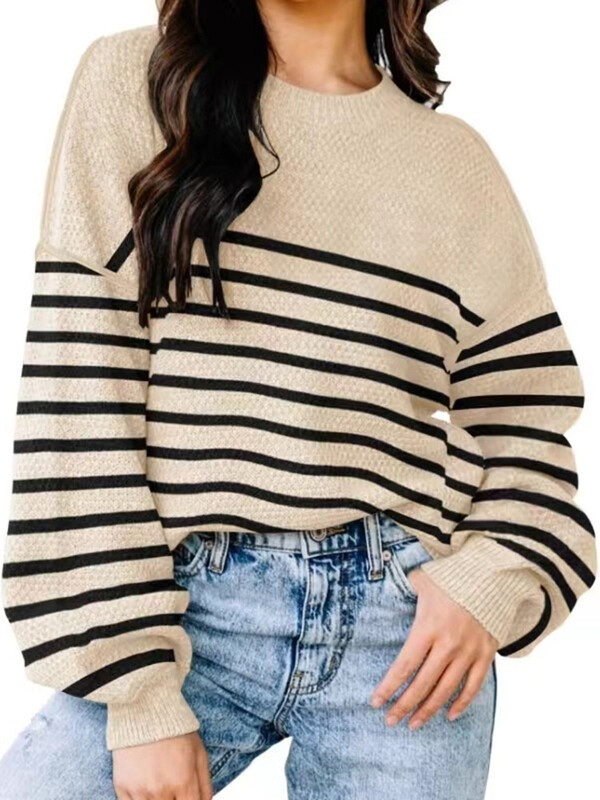 Pulover din tricot în dungi în mozaic pentru femei, cu mânecă lungă, pulover de tricotat, Topuri, îmbrăcăminte de stradă, nou în tricotaje, pulovere toamnă iarnă
