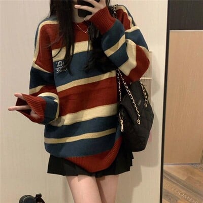 Hikigawa Chic Fashion Női Vintage Piros Kék Csíkos Preppy Stílusú Pulóverek Őszi koreai All Match Kötött pulóverek Felsők Mujer