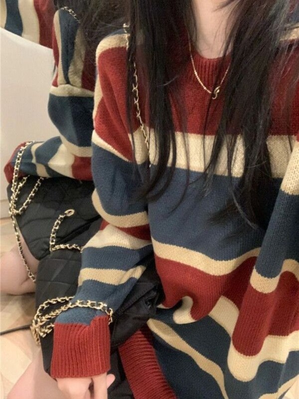 Hikigawa Chic Fashion Γυναικείες Vintage Κόκκινες Μπλε Ριγέ Πουλόβερ Preppy Style Φθινοπωρινά Κορεάτικα Πλεκτά Πουλόβερ Μπλούζες Mujer