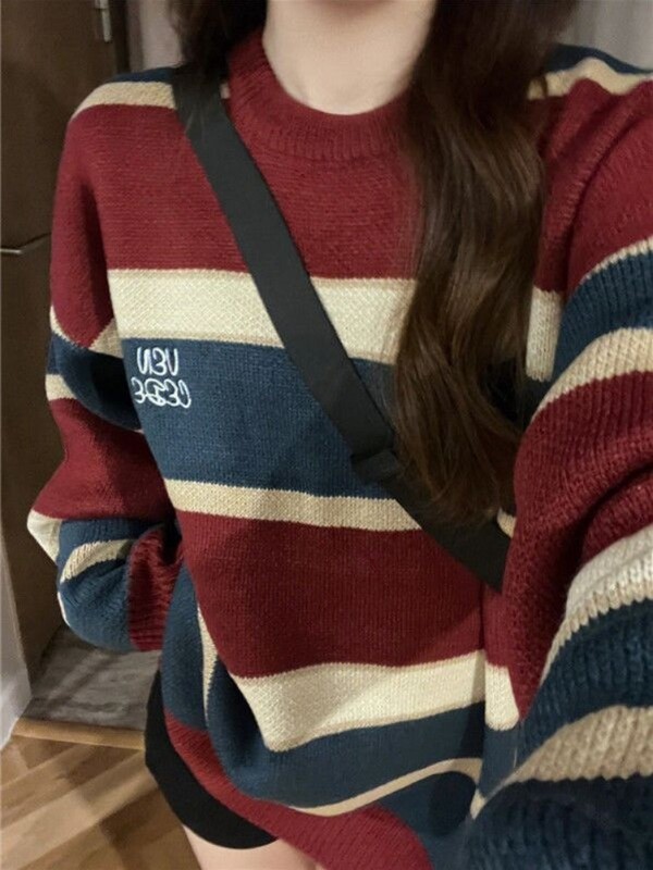 Hikigawa Chic Fashion Γυναικείες Vintage Κόκκινες Μπλε Ριγέ Πουλόβερ Preppy Style Φθινοπωρινά Κορεάτικα Πλεκτά Πουλόβερ Μπλούζες Mujer