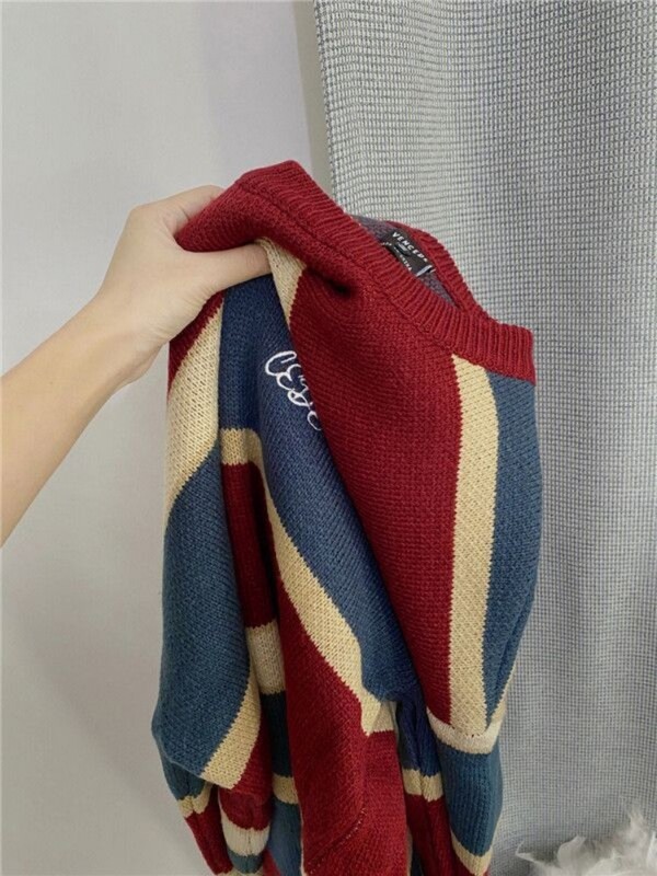 Hikigawa Chic Fashion Γυναικείες Vintage Κόκκινες Μπλε Ριγέ Πουλόβερ Preppy Style Φθινοπωρινά Κορεάτικα Πλεκτά Πουλόβερ Μπλούζες Mujer