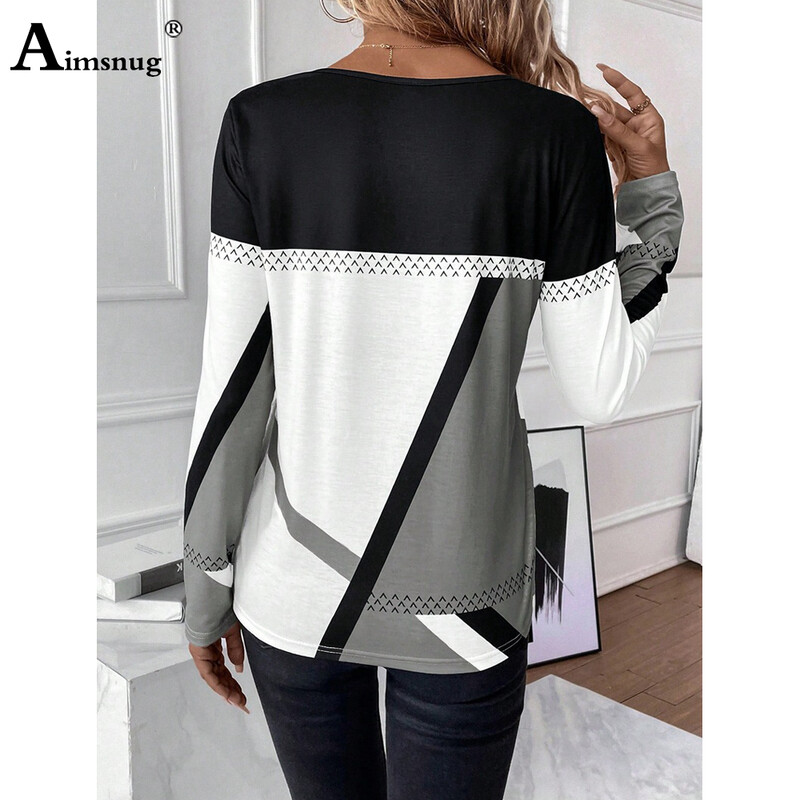 Aimsnug Pulovere cu mâneci lungi pentru femei, cu mochiuri, ocazional, retro, tricou cu dungi 2024, primăvară, boho, cu gâtul în formă de tricou