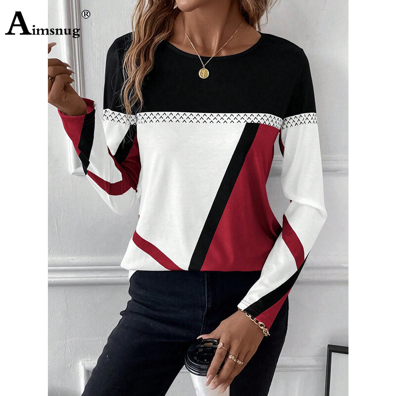 Aimsnug Pulovere cu mâneci lungi pentru femei, cu mochiuri, ocazional, retro, tricou cu dungi 2024, primăvară, boho, cu gâtul în formă de tricou