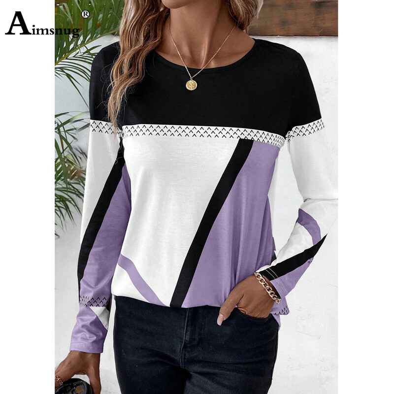 Aimsnug Pulovere cu mâneci lungi pentru femei, cu mochiuri, ocazional, retro, tricou cu dungi 2024, primăvară, boho, cu gâtul în formă de tricou