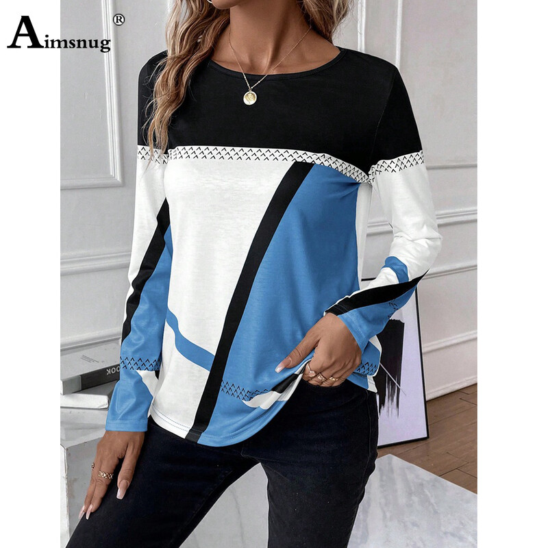 Aimsnug Pulovere cu mâneci lungi pentru femei, cu mochiuri, ocazional, retro, tricou cu dungi 2024, primăvară, boho, cu gâtul în formă de tricou