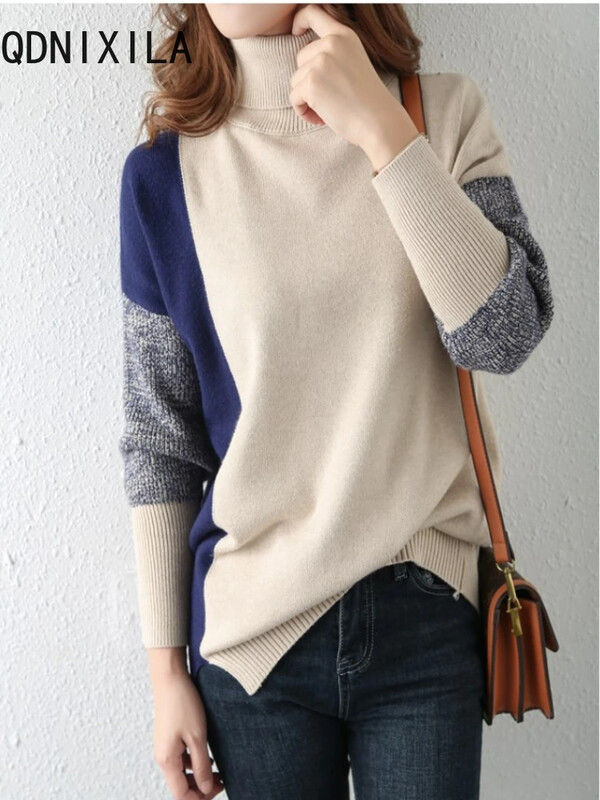 Trikotāžas džemperis Sieviešu rudens ziemas korejiešu jauni biezi silti džemperi ar apkakli Sieviešu garām piedurknēm, džemperi, džemperi