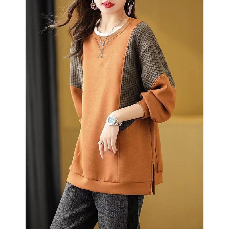 2023. gada korejiešu versija, rietumniecisks, minimālistisks, apaļš kakla krāsas bloķējošs un raibs vafeļu džemperis ar garām piedurknēm ikdienas lielizmēra džemperis