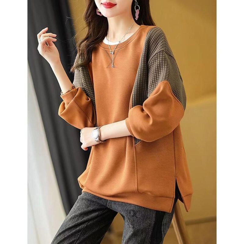 2023. gada korejiešu versija, rietumniecisks, minimālistisks, apaļš kakla krāsas bloķējošs un raibs vafeļu džemperis ar garām piedurknēm ikdienas lielizmēra džemperis