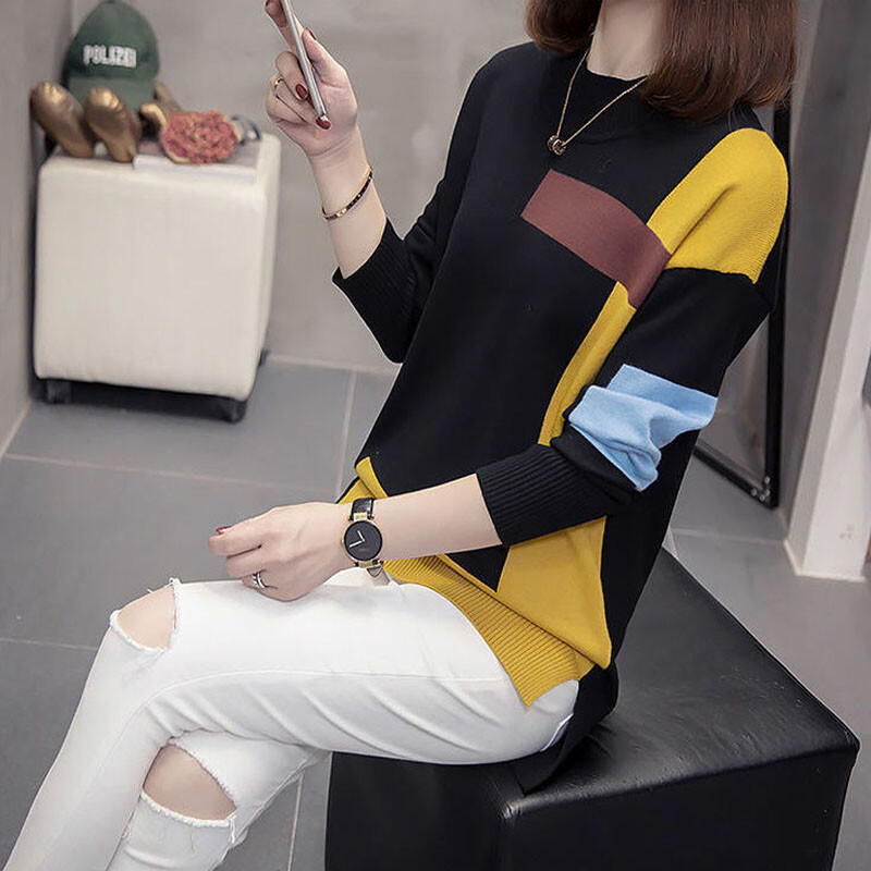 Sügistalvised naiste lapilised moodsad kampsunid Uued vabaaja rõivad, pikkade varrukatega, ümara kaelusega kootud pulloverid Naiste riided