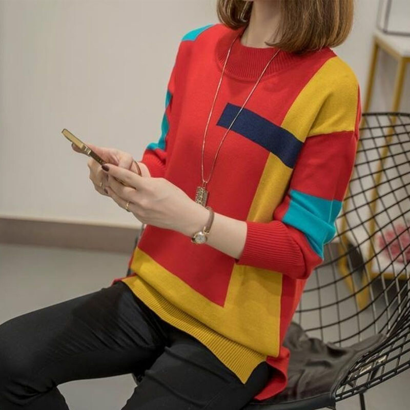 Sügistalvised naiste lapilised moodsad kampsunid Uued vabaaja rõivad, pikkade varrukatega, ümara kaelusega kootud pulloverid Naiste riided