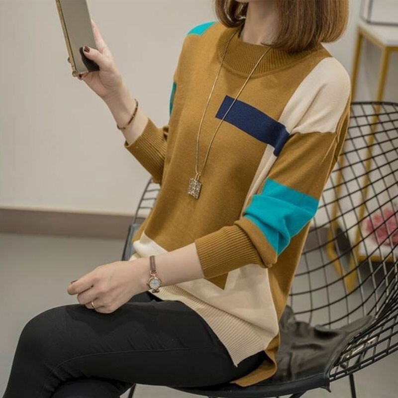 Sügistalvised naiste lapilised moodsad kampsunid Uued vabaaja rõivad, pikkade varrukatega, ümara kaelusega kootud pulloverid Naiste riided