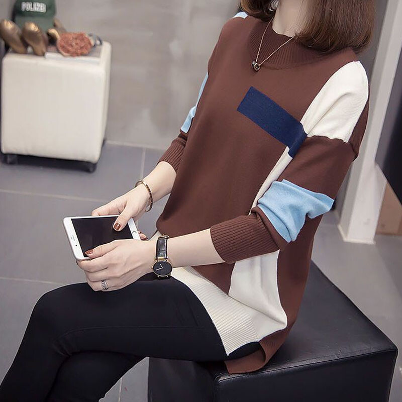 Sügistalvised naiste lapilised moodsad kampsunid Uued vabaaja rõivad, pikkade varrukatega, ümara kaelusega kootud pulloverid Naiste riided