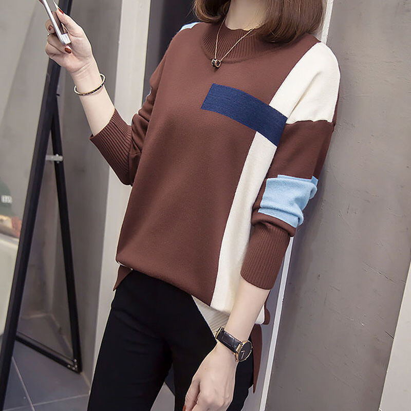 Sügistalvised naiste lapilised moodsad kampsunid Uued vabaaja rõivad, pikkade varrukatega, ümara kaelusega kootud pulloverid Naiste riided