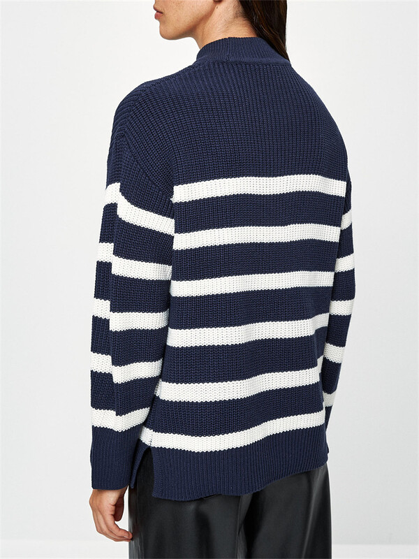 Tumši zils svītrains trikotāžas džemperis Sieviešu džemperi ar garām piedurknēm Adīšana Puloveri Sieviešu topi Jaunums Trikotāžas Rudens Ziemas Džemperi