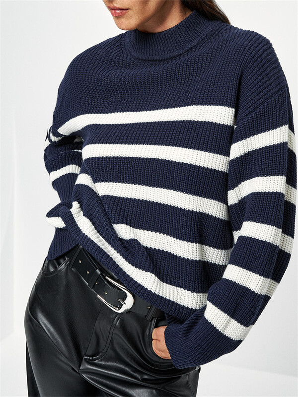 Tumši zils svītrains trikotāžas džemperis Sieviešu džemperi ar garām piedurknēm Adīšana Puloveri Sieviešu topi Jaunums Trikotāžas Rudens Ziemas Džemperi