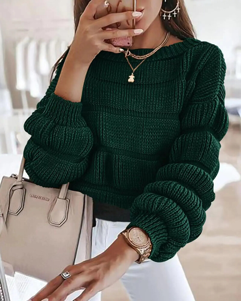 2024. gada jauns ielas stila sieviešu trikotāžas tops ar burbuļmateriālu piedurknēm, rudens/ziemas karsti pārdodas O Neck Solid Elegants, silts ikdienas džemperis