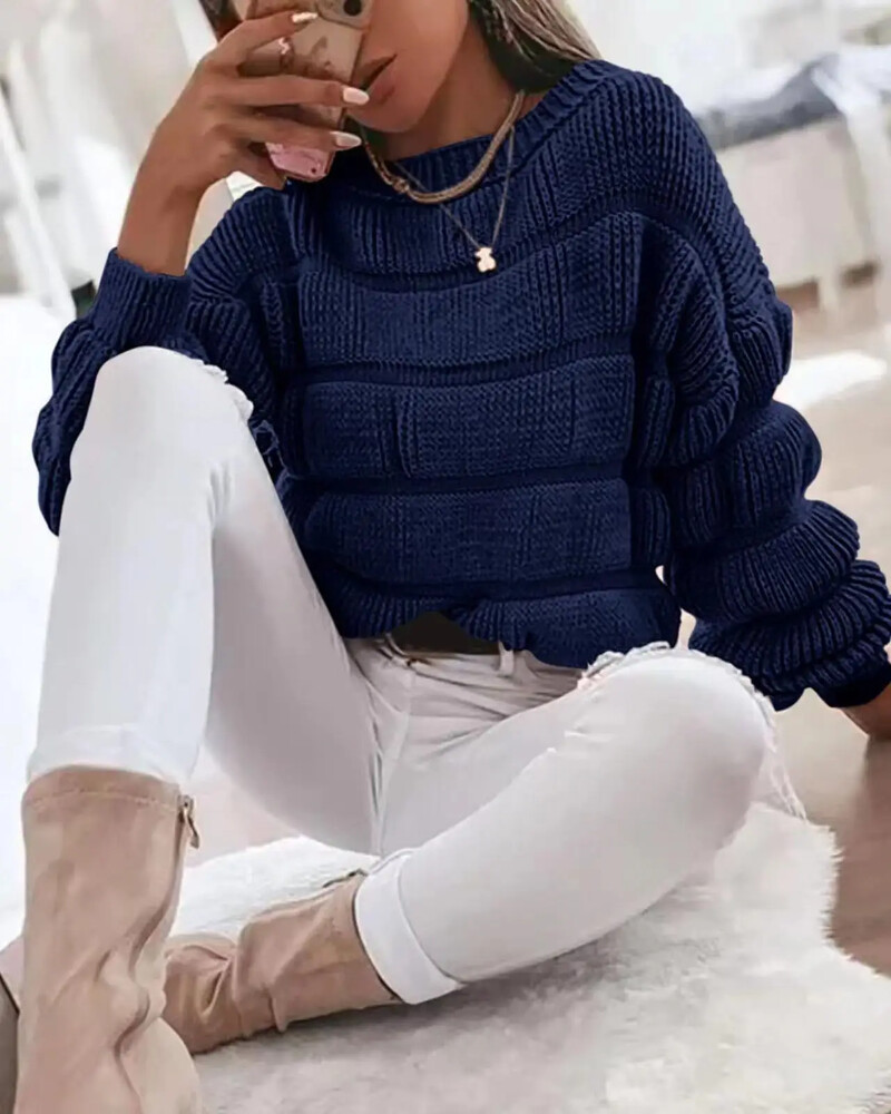 2024. gada jauns ielas stila sieviešu trikotāžas tops ar burbuļmateriālu piedurknēm, rudens/ziemas karsti pārdodas O Neck Solid Elegants, silts ikdienas džemperis