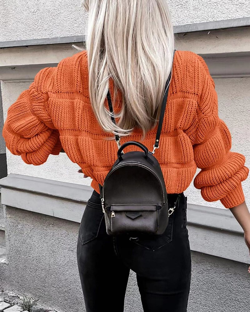 2024. gada jauns ielas stila sieviešu trikotāžas tops ar burbuļmateriālu piedurknēm, rudens/ziemas karsti pārdodas O Neck Solid Elegants, silts ikdienas džemperis