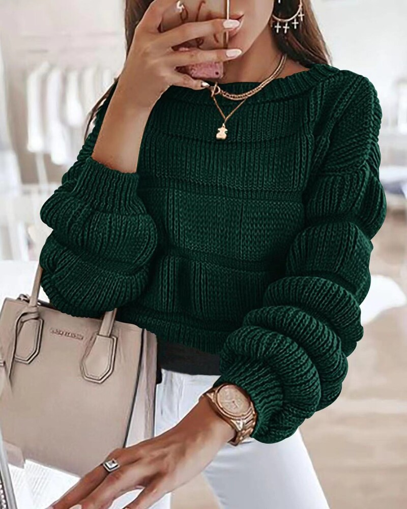 2024. gada jauns ielas stila sieviešu trikotāžas tops ar burbuļmateriālu piedurknēm, rudens/ziemas karsti pārdodas O Neck Solid Elegants, silts ikdienas džemperis