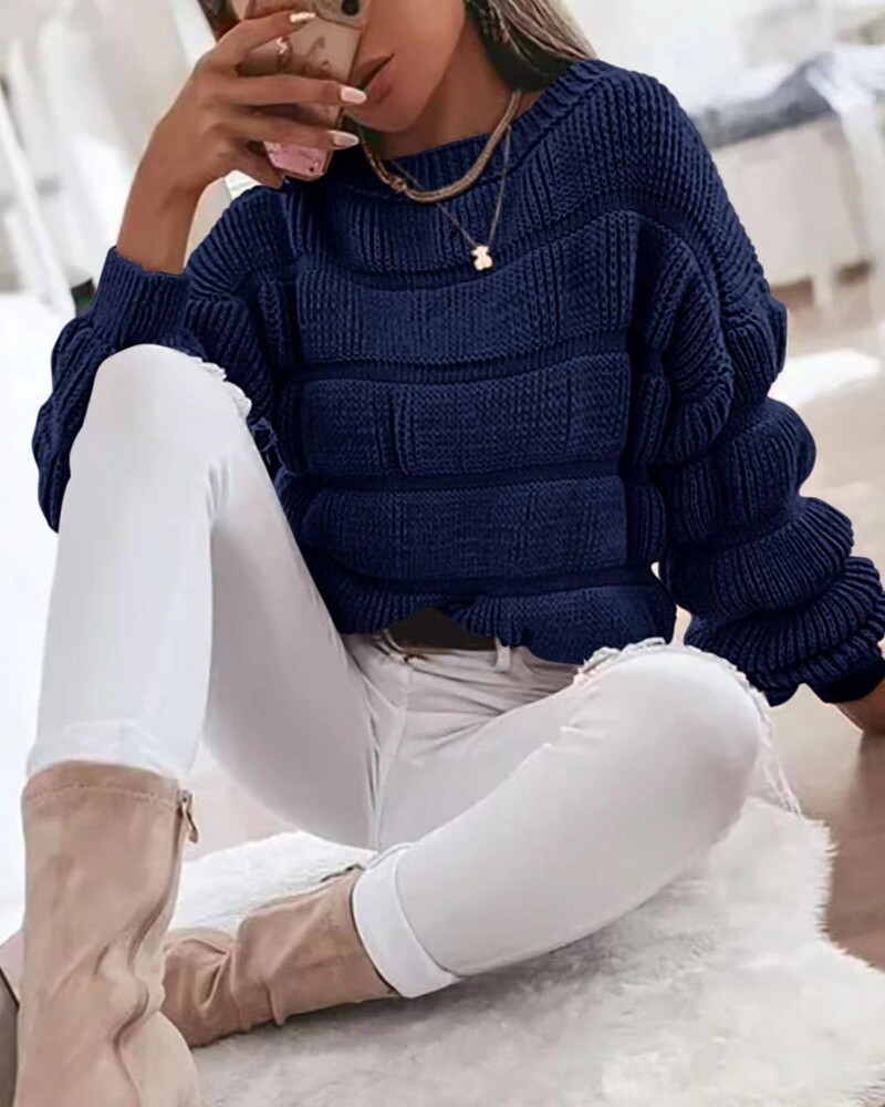 2024. gada jauns ielas stila sieviešu trikotāžas tops ar burbuļmateriālu piedurknēm, rudens/ziemas karsti pārdodas O Neck Solid Elegants, silts ikdienas džemperis