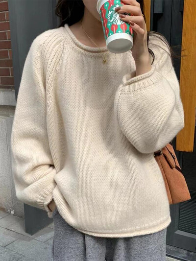 Kötött pulóverek Női Kawaii Laza Tiszta Puha Puha Elegáns Pulóver Koreai Stílusú Gyengéd Lányos O-nyakú Teljesen passzoló Őszi Népszerű Vintage