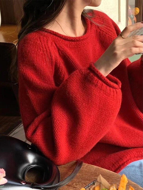 Trikotāžas džemperi Sieviešu Kawaii brīvs, tīrs, mīksts, elegants korejiešu stila džemperis, maigs meitenīgs O veida kakla izgriezums, piemērots rudenī populārs vintage