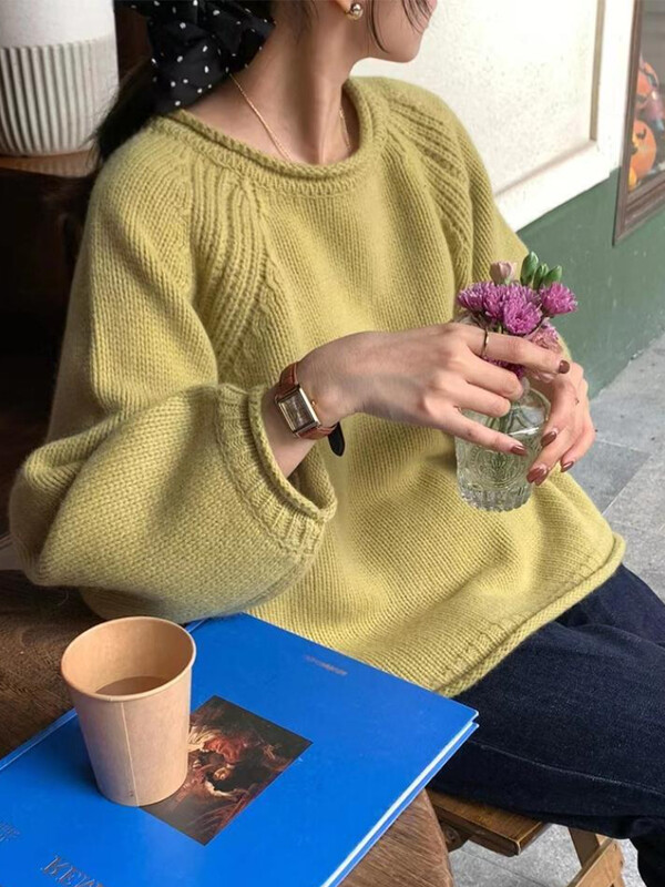 Trikotāžas džemperi Sieviešu Kawaii brīvs, tīrs, mīksts, elegants korejiešu stila džemperis, maigs meitenīgs O veida kakla izgriezums, piemērots rudenī populārs vintage