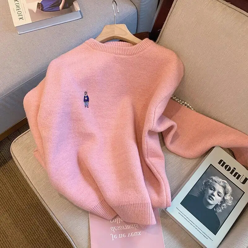 Rozā, mīksta suplicate sieviešu džemperis, jauns stils, brīvi pieguļošs iekšējais brīvs piegriezums, adīta augšējā jaka 2023. gada pavasarim, rudenim/ziemai