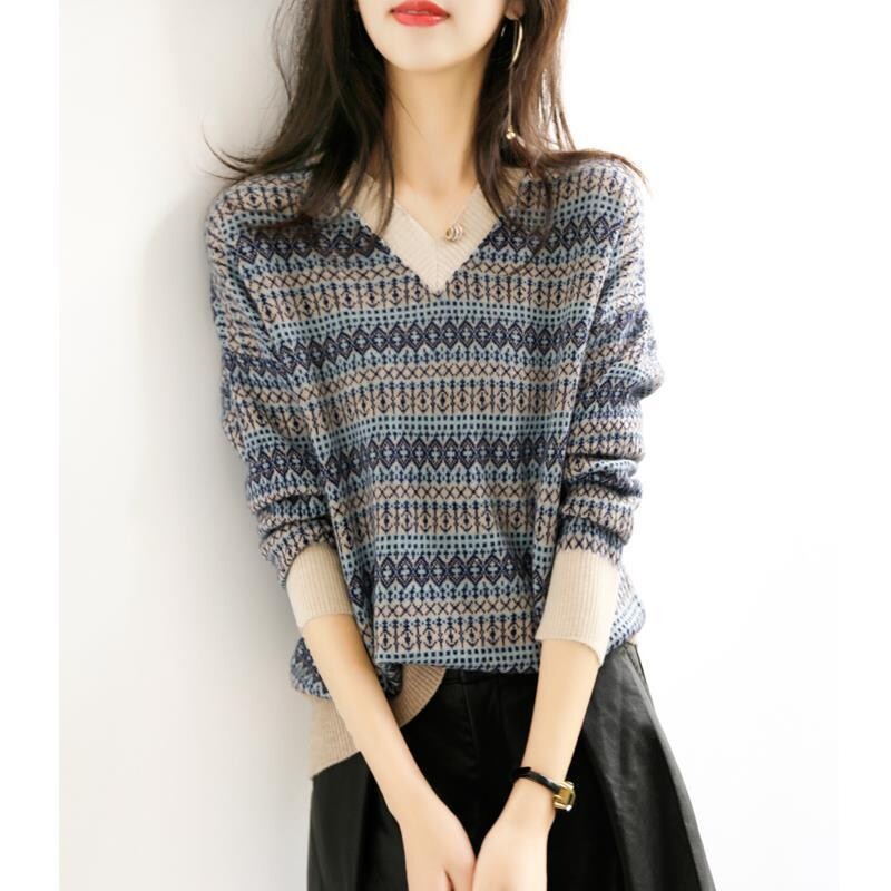 Pulover cu decolteu în V cu imprimeu în dungi elegant pentru femei, ocazional, cu mânecă lungă, pulover tricotat mozaic, toamnă, pulover largi pentru femei