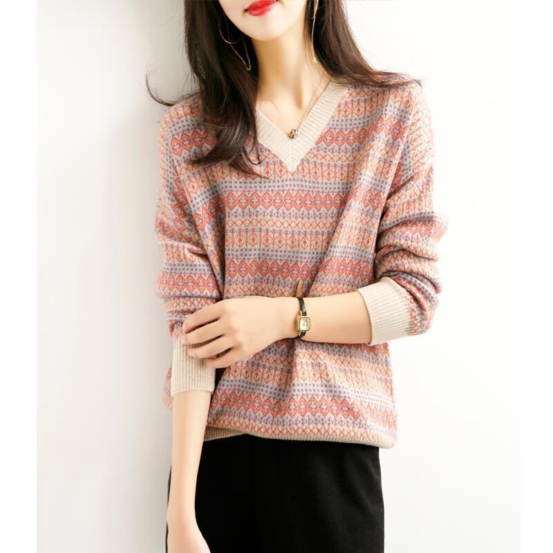 Pulover cu decolteu în V cu imprimeu în dungi elegant pentru femei, ocazional, cu mânecă lungă, pulover tricotat mozaic, toamnă, pulover largi pentru femei