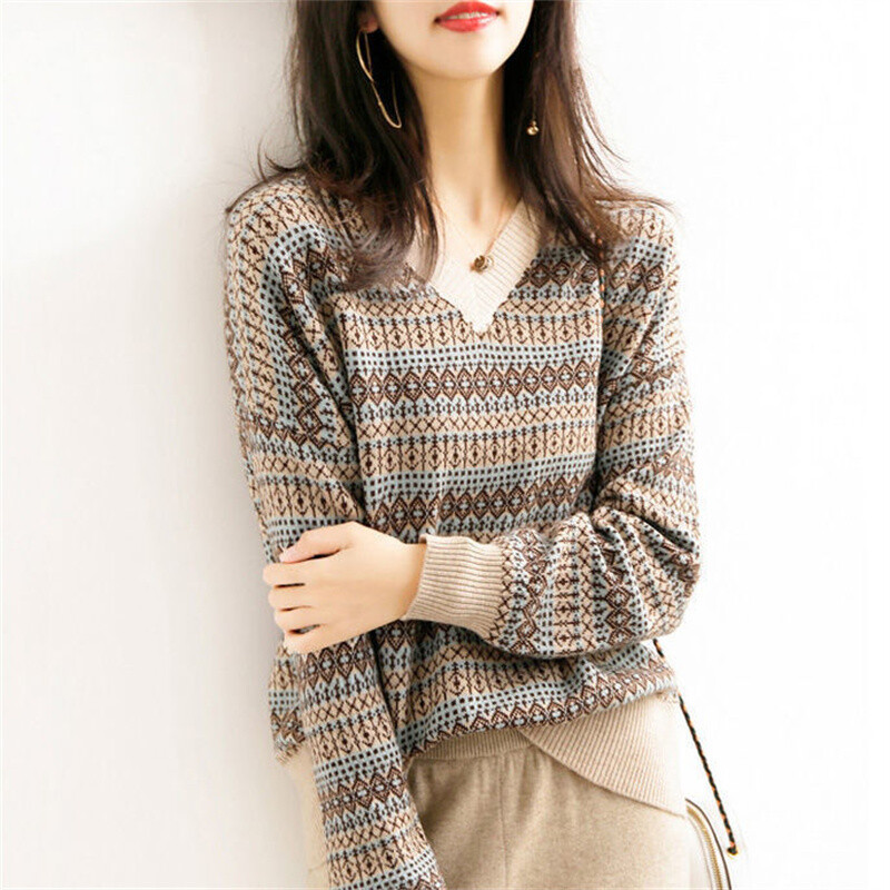Pulover cu decolteu în V cu imprimeu în dungi elegant pentru femei, ocazional, cu mânecă lungă, pulover tricotat mozaic, toamnă, pulover largi pentru femei