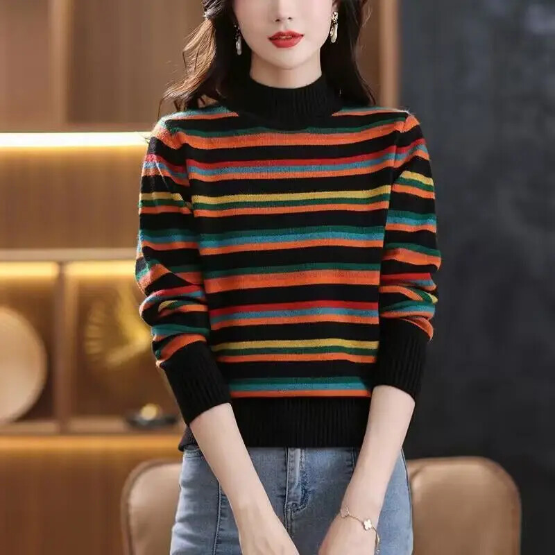 Γυναικεία γραφικά καφέ πουλόβερ Χαριτωμένο πλεκτό μπλουζάκι με ριγέ ζιβάγκο για γυναίκες Ζέρσεϊ με λαιμόκοψη Kawaii πουλόβερ Tricot μπλούζα ζεστή