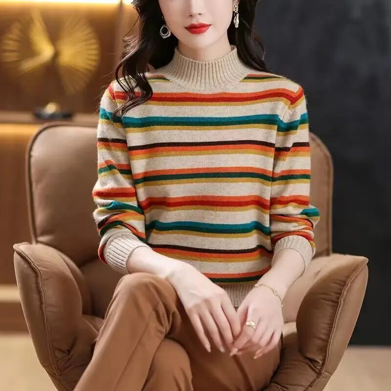 Γυναικεία γραφικά καφέ πουλόβερ Χαριτωμένο πλεκτό μπλουζάκι με ριγέ ζιβάγκο για γυναίκες Ζέρσεϊ με λαιμόκοψη Kawaii πουλόβερ Tricot μπλούζα ζεστή