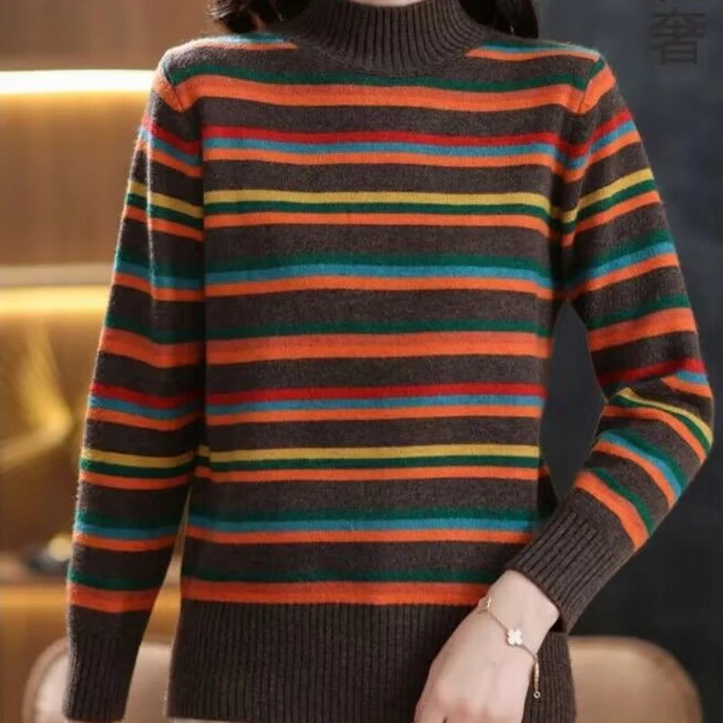 Γυναικεία γραφικά καφέ πουλόβερ Χαριτωμένο πλεκτό μπλουζάκι με ριγέ ζιβάγκο για γυναίκες Ζέρσεϊ με λαιμόκοψη Kawaii πουλόβερ Tricot μπλούζα ζεστή