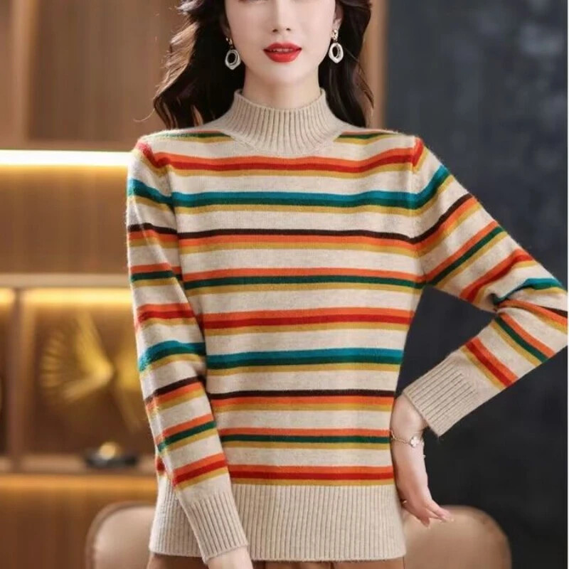 Γυναικεία γραφικά καφέ πουλόβερ Χαριτωμένο πλεκτό μπλουζάκι με ριγέ ζιβάγκο για γυναίκες Ζέρσεϊ με λαιμόκοψη Kawaii πουλόβερ Tricot μπλούζα ζεστή