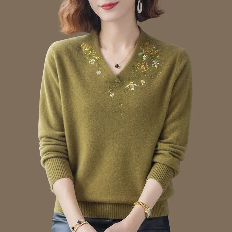 Modes Mammas pavasara un rudens jauns džemperis pusmūža un vecāka gadagājuma sievietēm, brīvs liela izmēra trikotāžas krekls ar V veida kakla izgriezumu