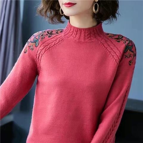 Izšūti Ziedi Mock Kakla Sieviešu Džemperi Rudens Ziemas Biezi Silti Puloveri Slim Topi Rievoti Trikotāžas Džemperis Mīksts Pull D123