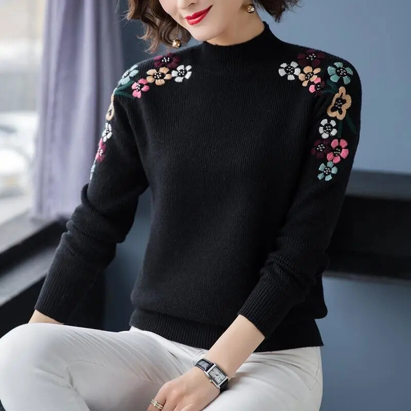 Πουλόβερ με ζιβάγκο Φθινόπωρο/Χειμώνας 2024 Γυναικείο πουλόβερ από κασμίρ Καθαρό χρώμα Casual Μακρυμάνικο χαλαρό πουλόβερ με κάτω γυναικείο πάτο