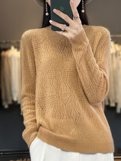 Aliselect Fashion 100% merinó gyapjú női kivágott vékony pulóver O-nyakú hosszú ujjú pulóver tavaszi őszi ruházat kötöttáru