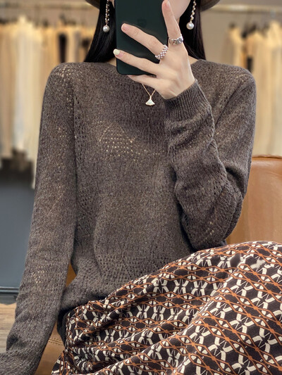 Aliselect Fashion 100% merinó gyapjú női kivágott vékony pulóver O-nyakú hosszú ujjú pulóver tavaszi őszi ruházat kötöttáru