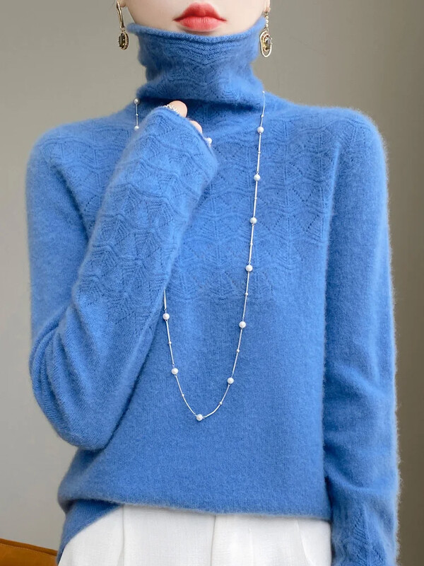 Sieviešu rudens 100% merino vilnas džemperis ar apkakli Puloveri dobi garām piedurknēm Vienkāršs apakškrekls Kašmira trikotāža L336