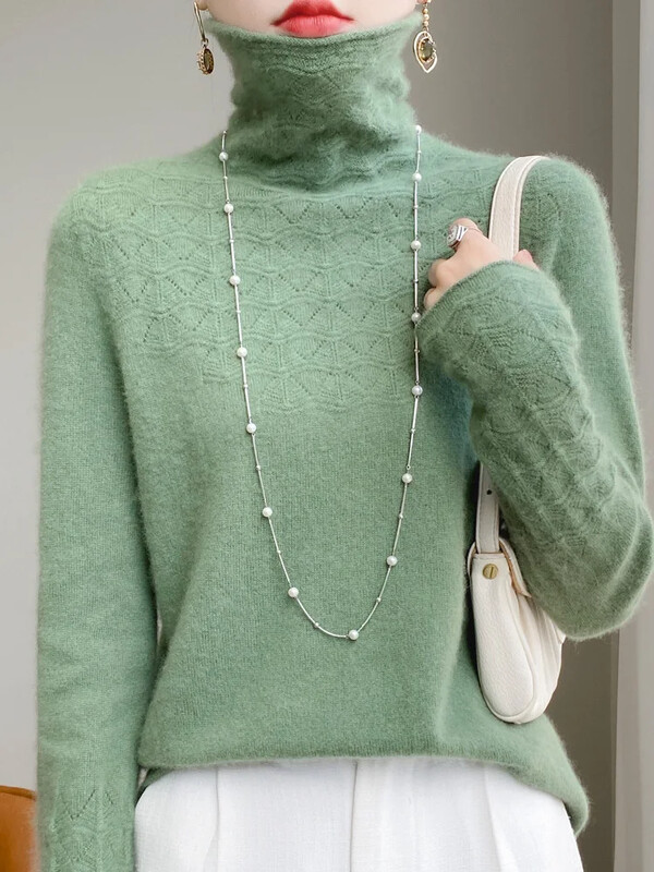 Sieviešu rudens 100% merino vilnas džemperis ar apkakli Puloveri dobi garām piedurknēm Vienkāršs apakškrekls Kašmira trikotāža L336