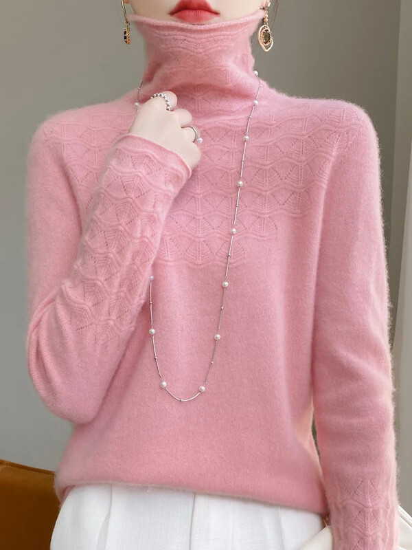 Sieviešu rudens 100% merino vilnas džemperis ar apkakli Puloveri dobi garām piedurknēm Vienkāršs apakškrekls Kašmira trikotāža L336