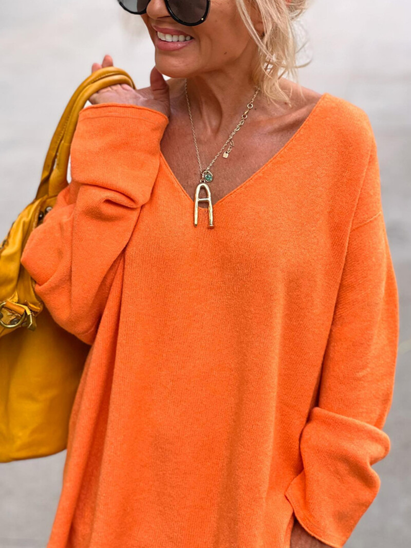 Trikotāžas džemperis ar V kakla izgriezumu, ikdienišķs džemperis ar garām piedurknēm ar dziļu apakšmalu, sieviešu apģērbs