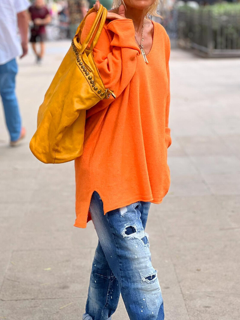 Trikotāžas džemperis ar V kakla izgriezumu, ikdienišķs džemperis ar garām piedurknēm ar dziļu apakšmalu, sieviešu apģērbs